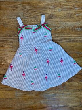 Flamingo Seersucker Dress with Bows Peach Striped Sundress Pink Green Palm Trees